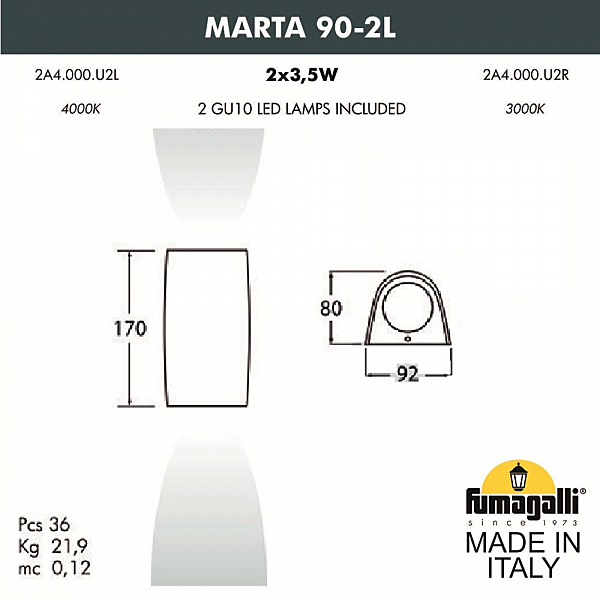 Уличный настенный светильник Fumagalli Marta 2A4.000.000.AXU2L